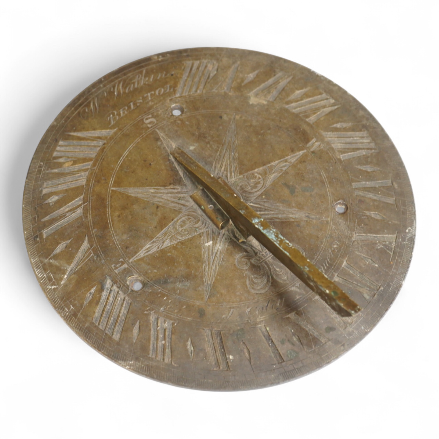 A William IV brass sundial, engraved W. Watkins, Bristol and J Coley, Somerset, 25cm in diameter, the low angle of the gnomon might indicate use in a tropical longitude